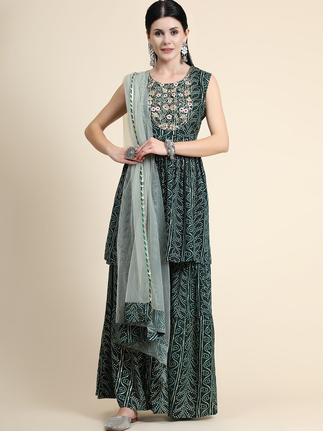 

KALINI Ethnic Motifs Printed Empire Thread Work Linen Kurta with Sharara & With Dupatta, Green