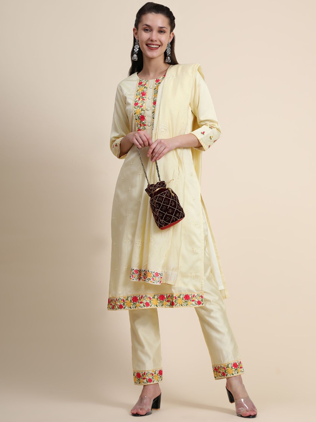 

KALINI Floral Embroidered Thread Work Linen Kurta with Trousers & With Dupatta, Cream