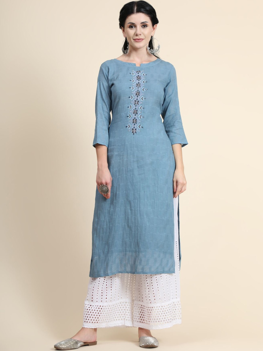 

KALINI Ethnic Motifs Thread Work Linen Kurta with Palazzos & With Dupatta, Blue