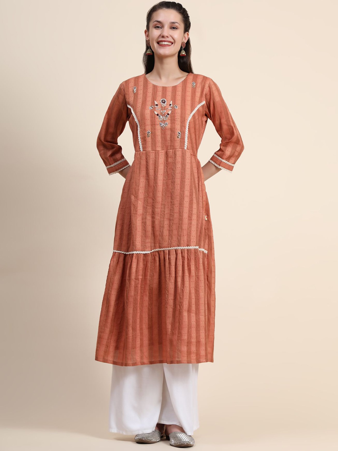 

KALINI Striped Thread Work Linen Kurta with Palazzos, Peach