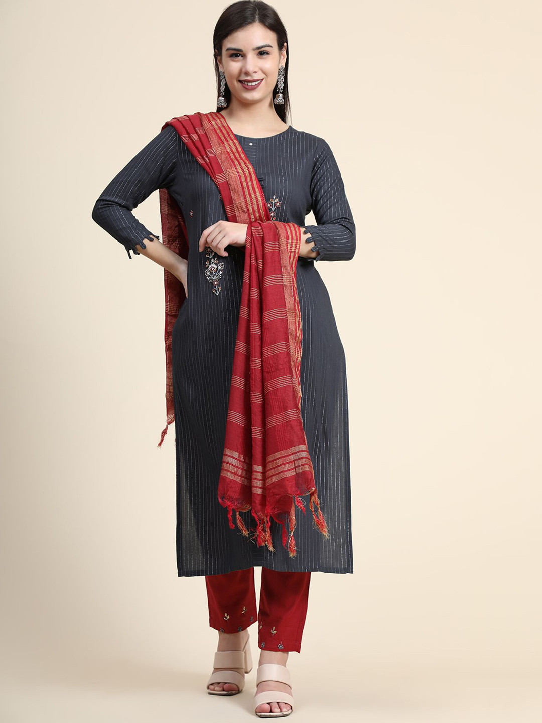 

KALINI Embroidered Beads and Stones Linen Kurta with Trousers & With Dupatta, Black