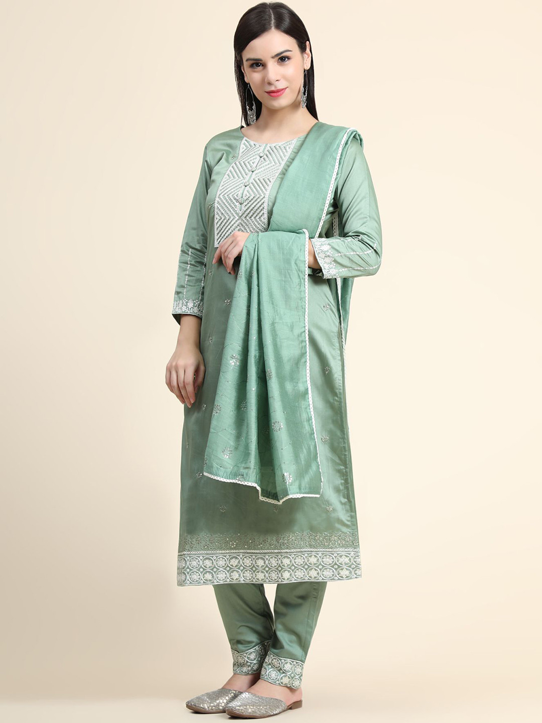 

KALINI Ethnic Motifs Embroidered Sequinned Linen Kurta with Trousers & With Dupatta, Sea green