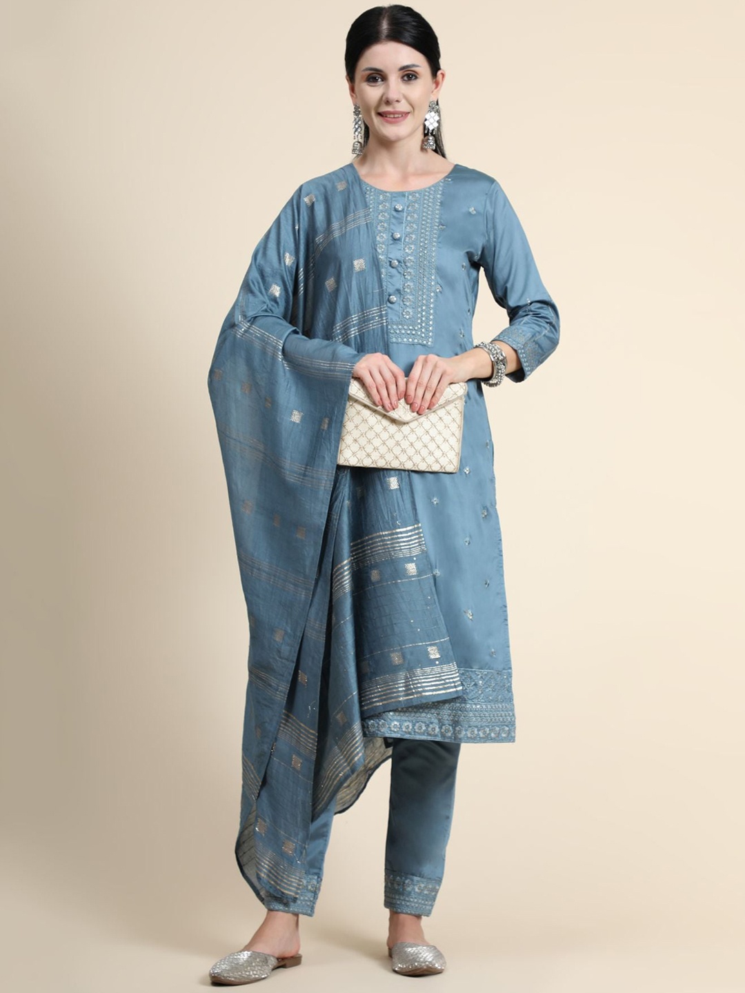

KALINI Floral Printed Sequinned Linen Kurta with Trousers & With Dupatta, Blue