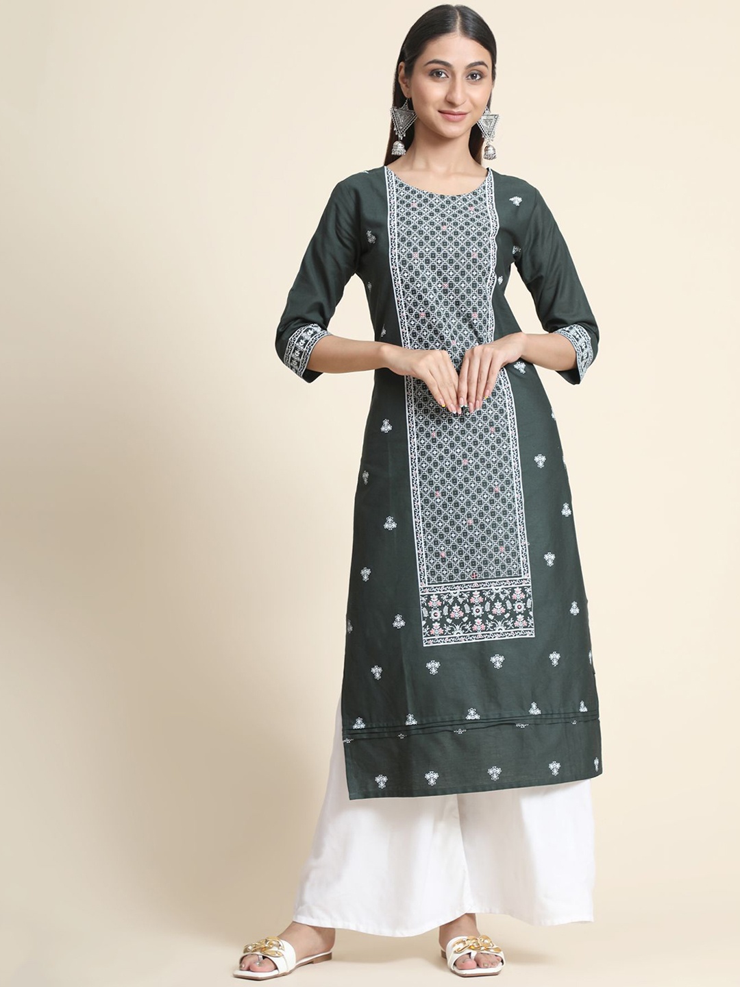 

KALINI Floral Embroidered Linen Kurta with Palazzos & With Dupatta, Green