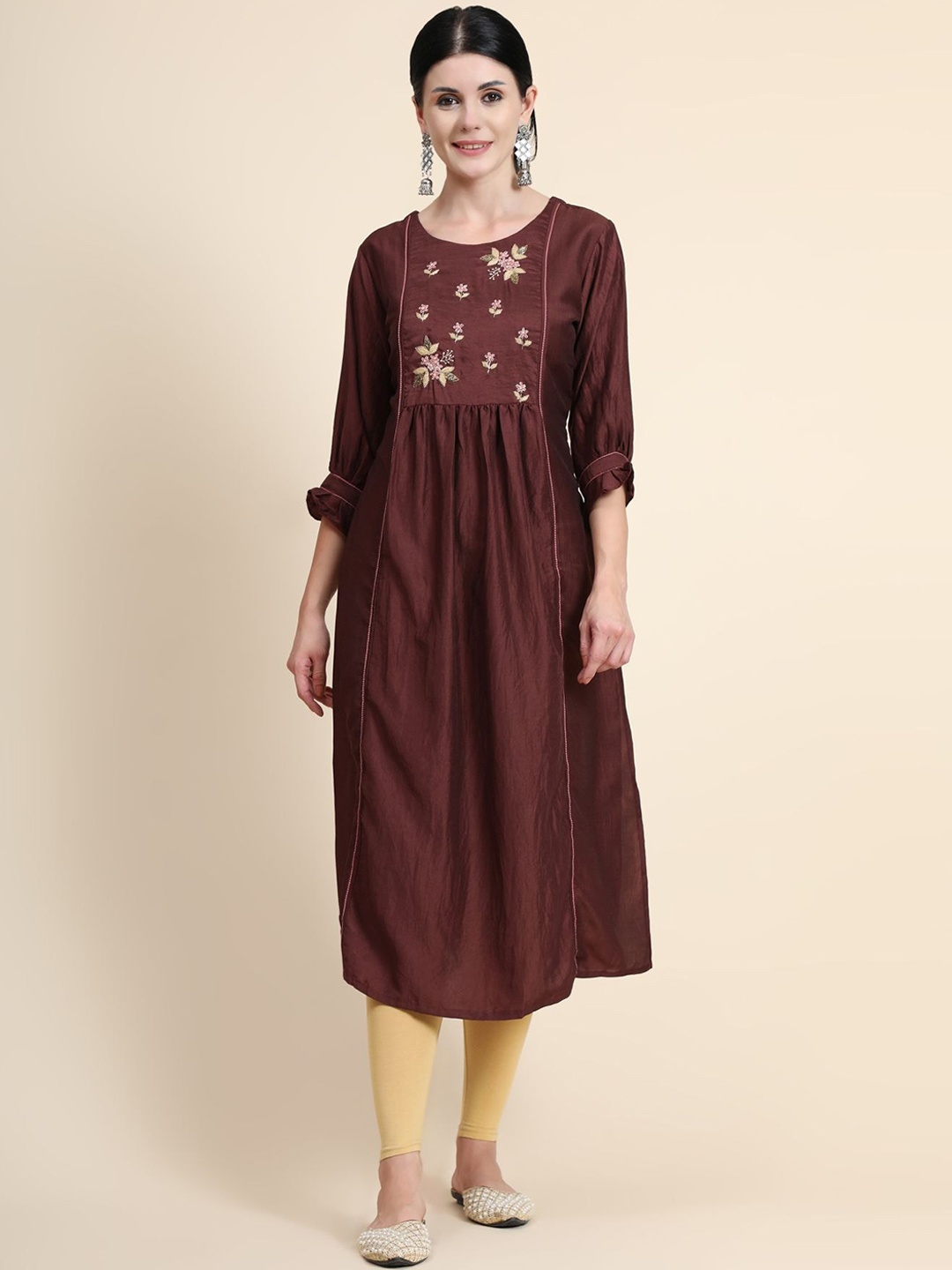 

KALINI Floral Embroidered Thread Work Linen Kurta Set, Brown