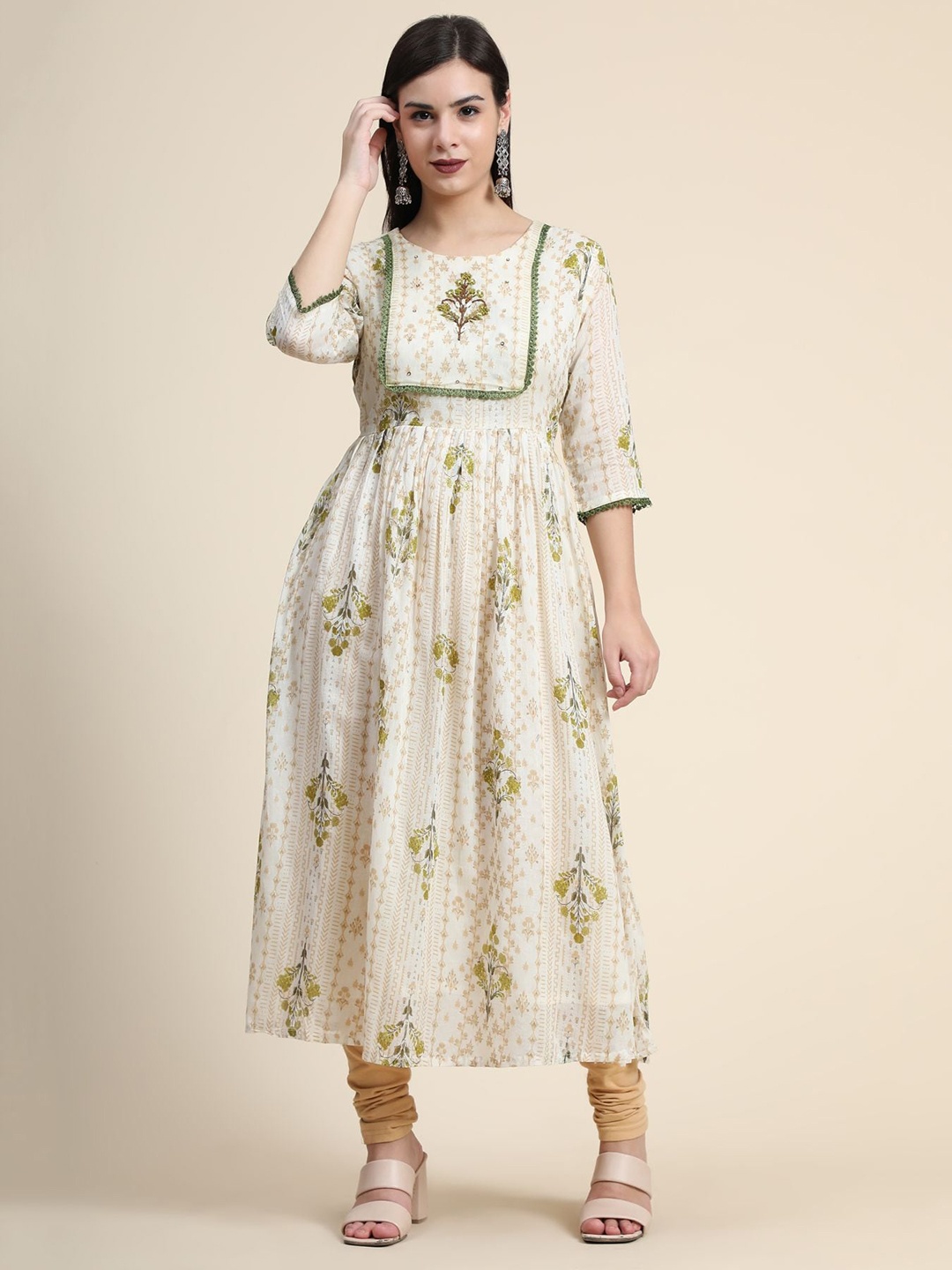 

KALINI Floral Printed Thread Work Linen Kurta with Churidar & With Dupatta, Off white