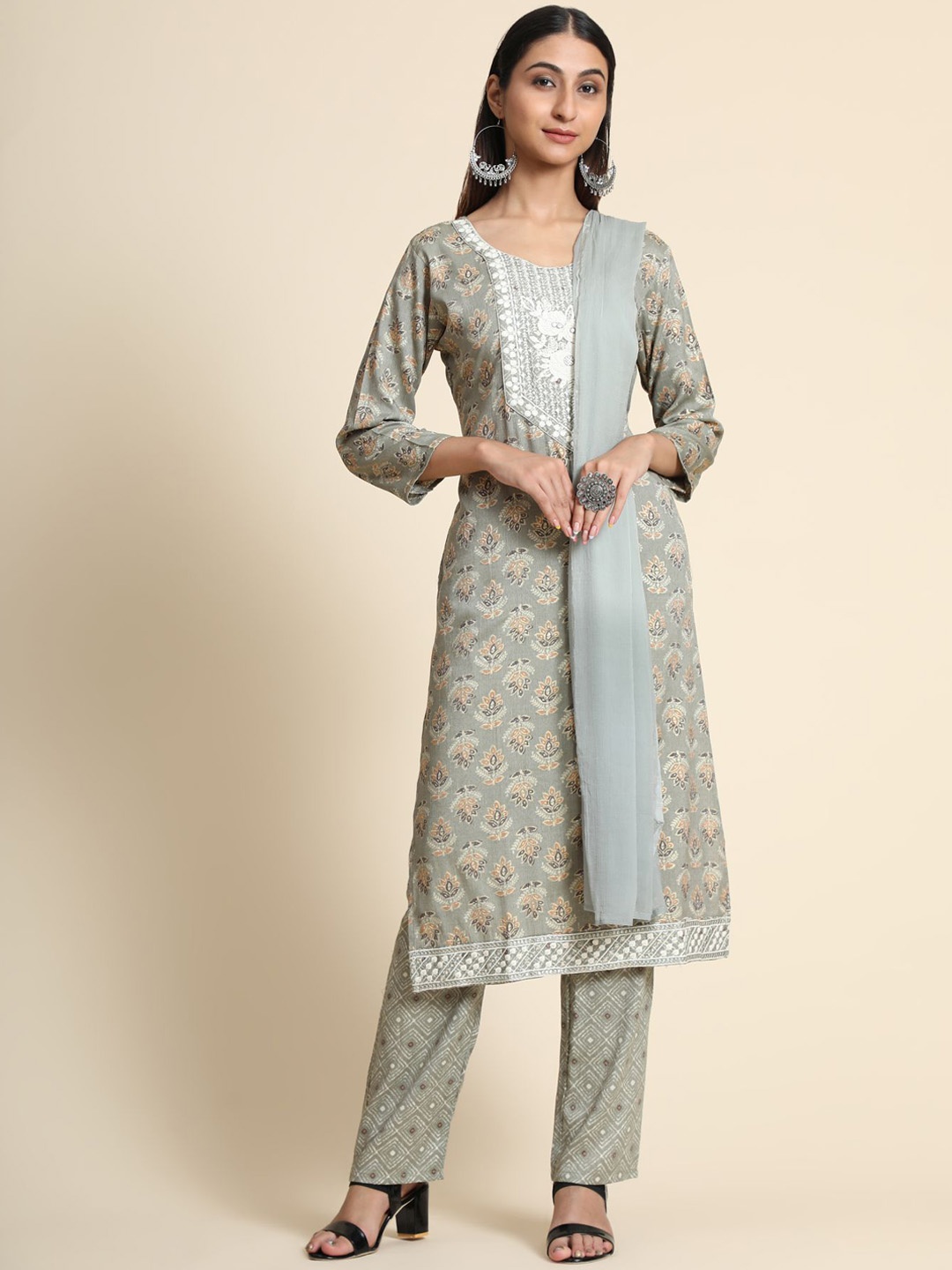 

KALINI Floral Printed Thread Work Linen Kurta with Trousers & With Dupatta, Grey