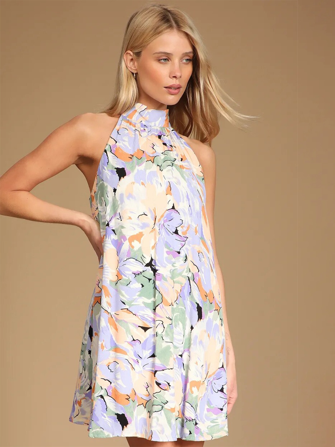 

La Aimee Floral Halter Neck A-Line Dress, White