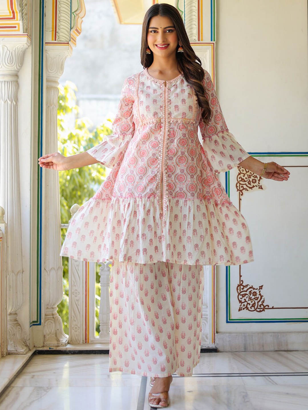 

YASH GALLERY Women Floral Printed Pure Cotton A-Line Kurta with Palazzos & Dupatta, Pink
