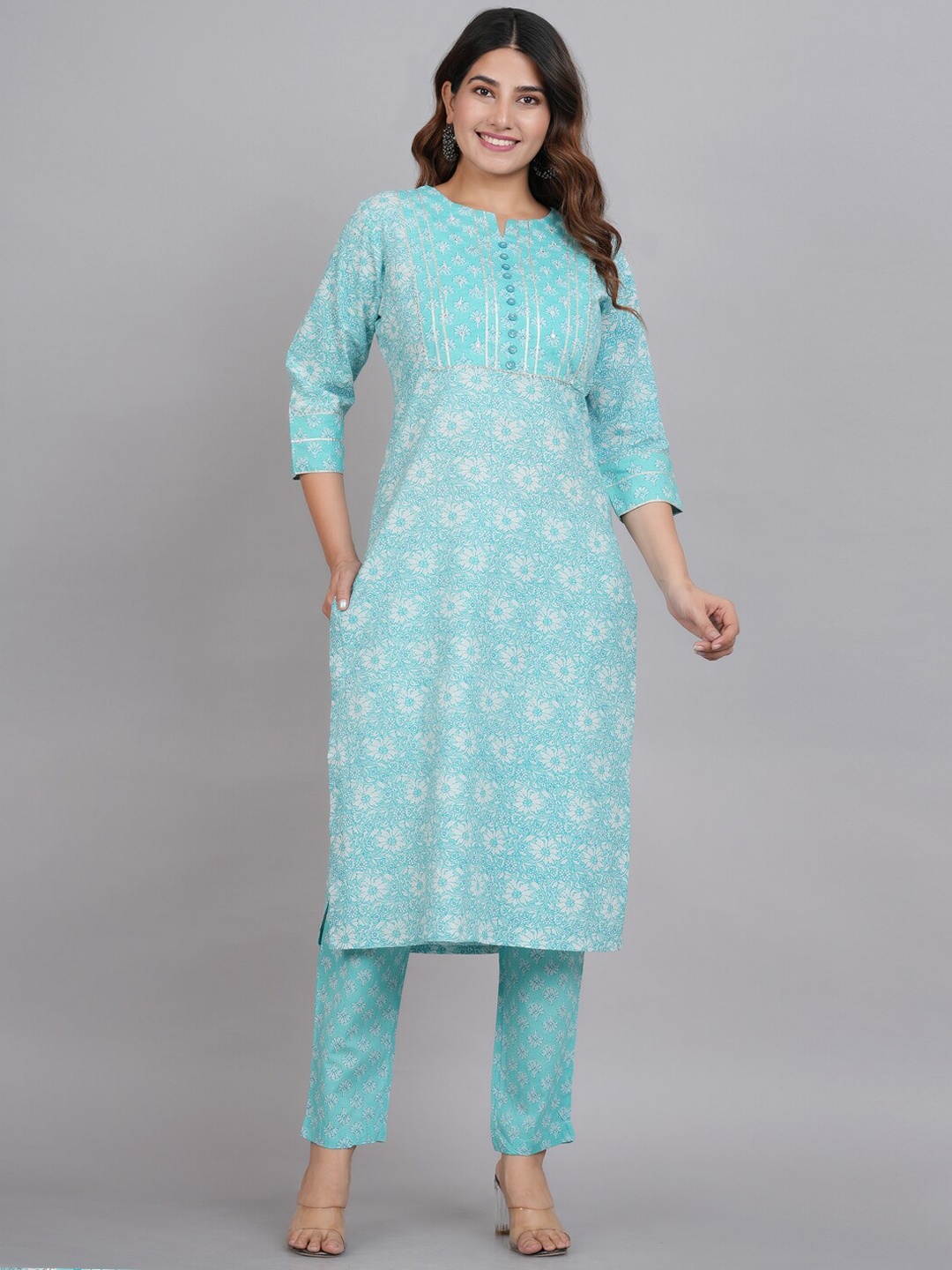 

YASH GALLERY Women Floral Printed Pure Cotton Kurta with Trousers & Dupatta, Blue