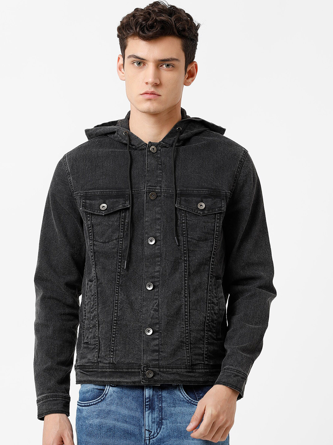 

WROGN Men Black Washed Hooded Denim Jacket