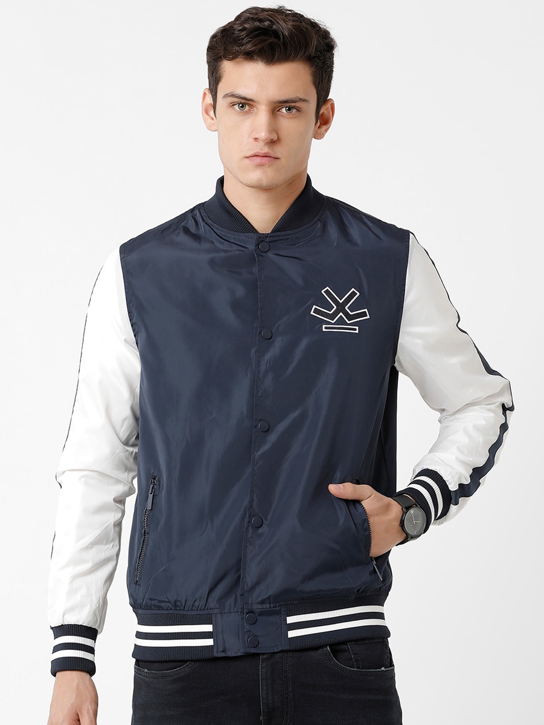 

WROGN Men Navy Blue White Bomber Jacket