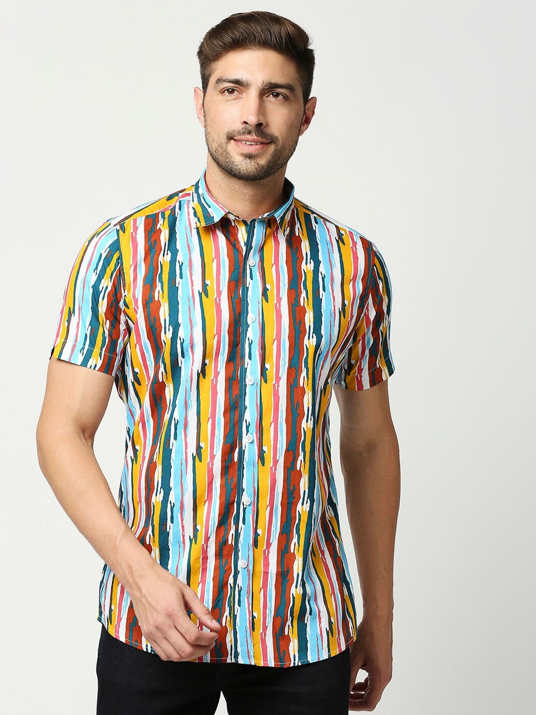 

EVOQ Men Blue Standard Striped Pure Cotton Casual Shirt