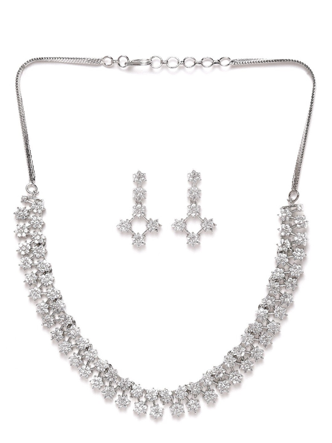 

JEWELS GEHNA Women Silver-Toned Rhodium-Plated & White AD Stone-Studded Jewellery Set