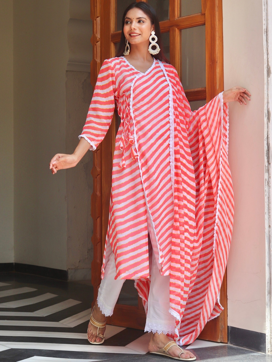 

OneWe Women Leheriya Printed Angrakha Kurta with Trousers & Dupatta, Orange