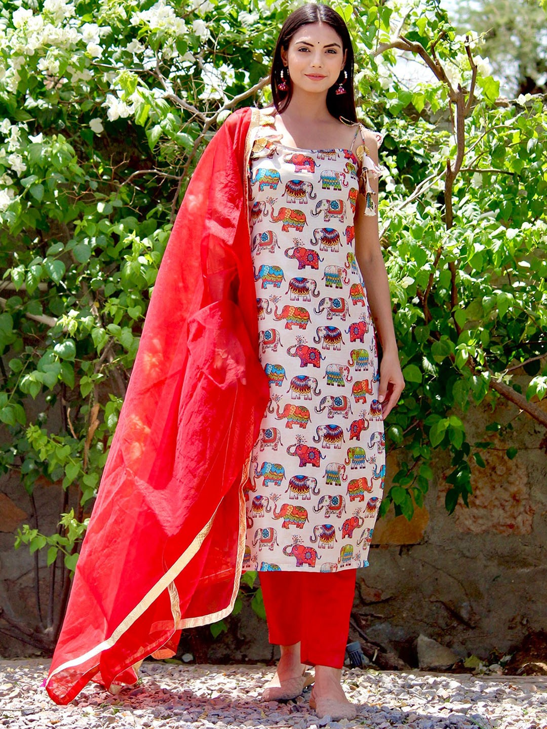 

OneWe Women Printed Gotta Patti Chanderi Cotton Kurta with Trousers & Dupatta, Beige