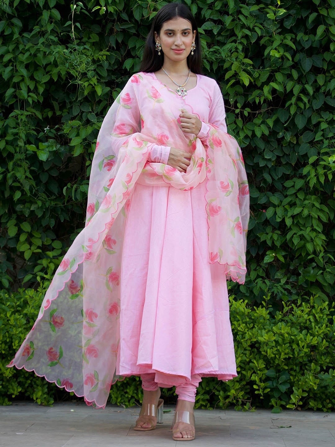 

OneWe Women Pleated Pure Cotton Kurta with Churidar & Dupatta, Pink
