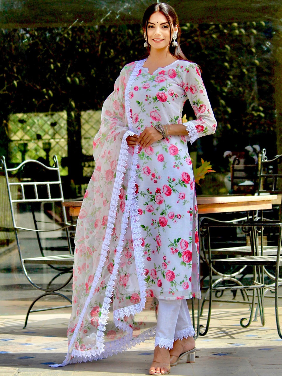 

OneWe Women Floral Printed Chanderi Cotton Kurta with Trousers & Dupatta, White