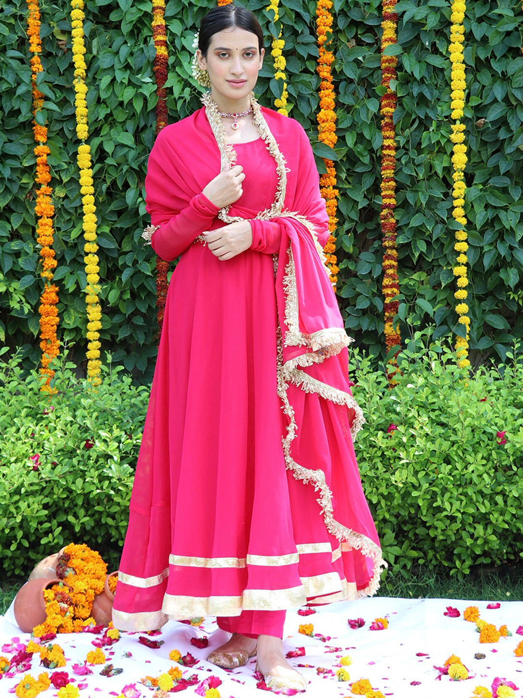 

OneWe Women Pleated Gotta Patti Kurta with Trousers & Dupatta, Pink