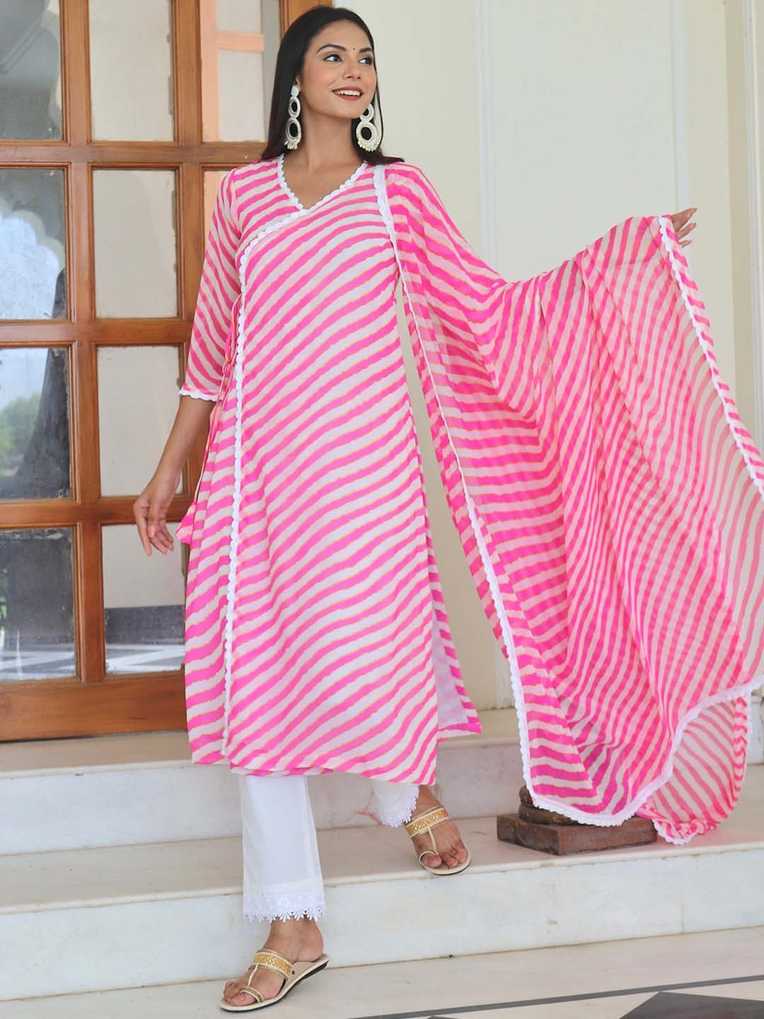 

OneWe Women Leheriya Printed Angrakha Kurta with Trousers & Dupatta, Pink
