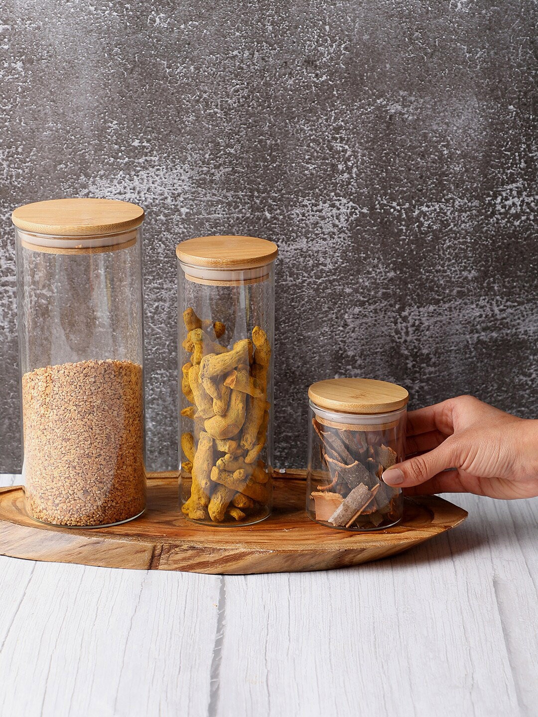 

Bonhomie Set Of 3 Transparent & Brown Air-Tight Glass Storage Jar With Wooden Lid