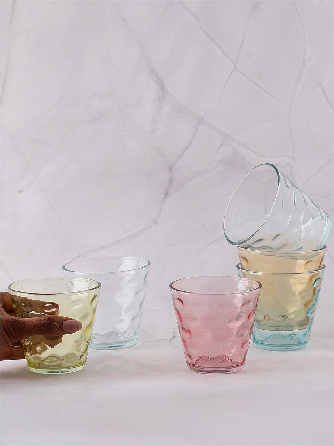 

Bonhomie Set of 6 Pink & Blue Textured Glass Glossy Mugs 300 ML Each