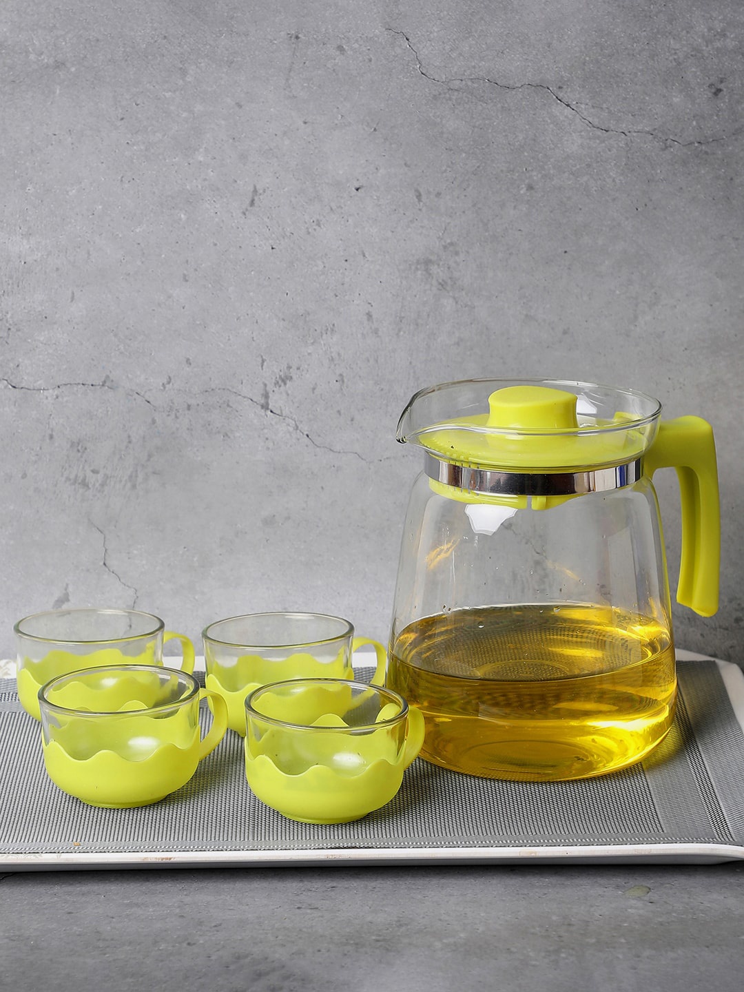 

Bonhomie Yellow & Transparent Set of 5 Printed Glass Kettle Set