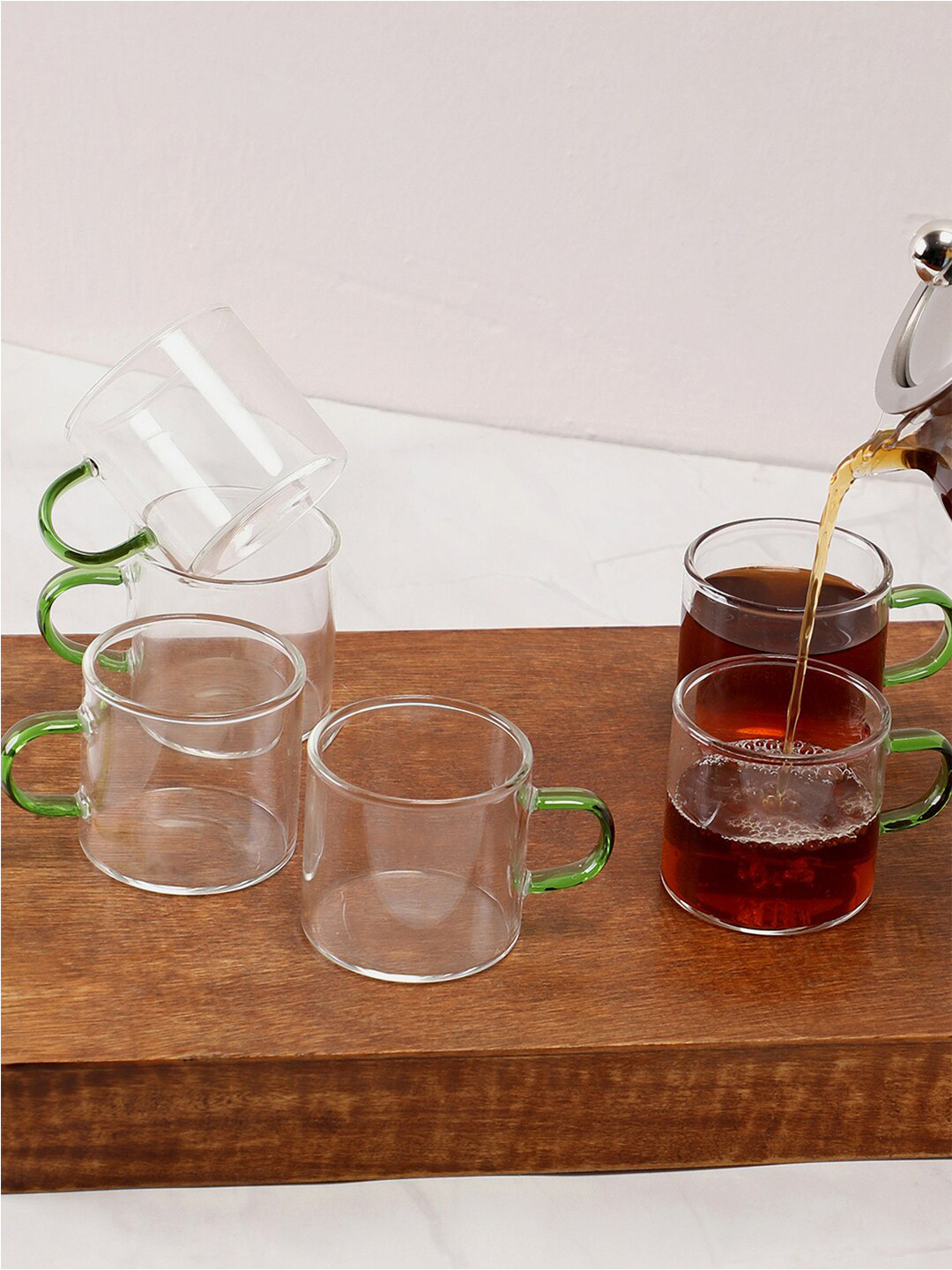

Bonhomie Set of 6 Transparent & Green Glass Glossy Cups 200 ML Each
