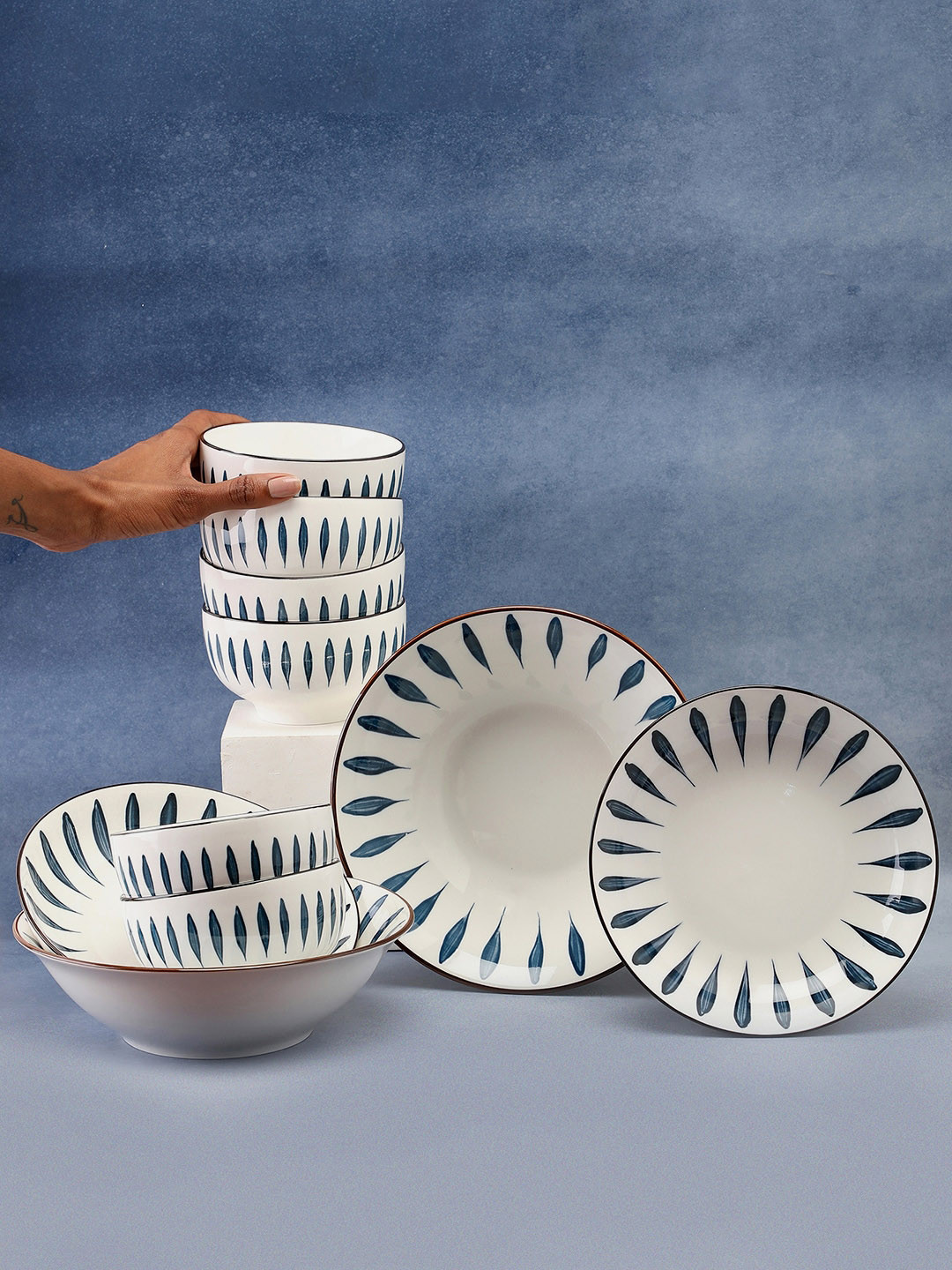 

Bonhomie Set of 10 White & Blue Ceramic Serving Bowls