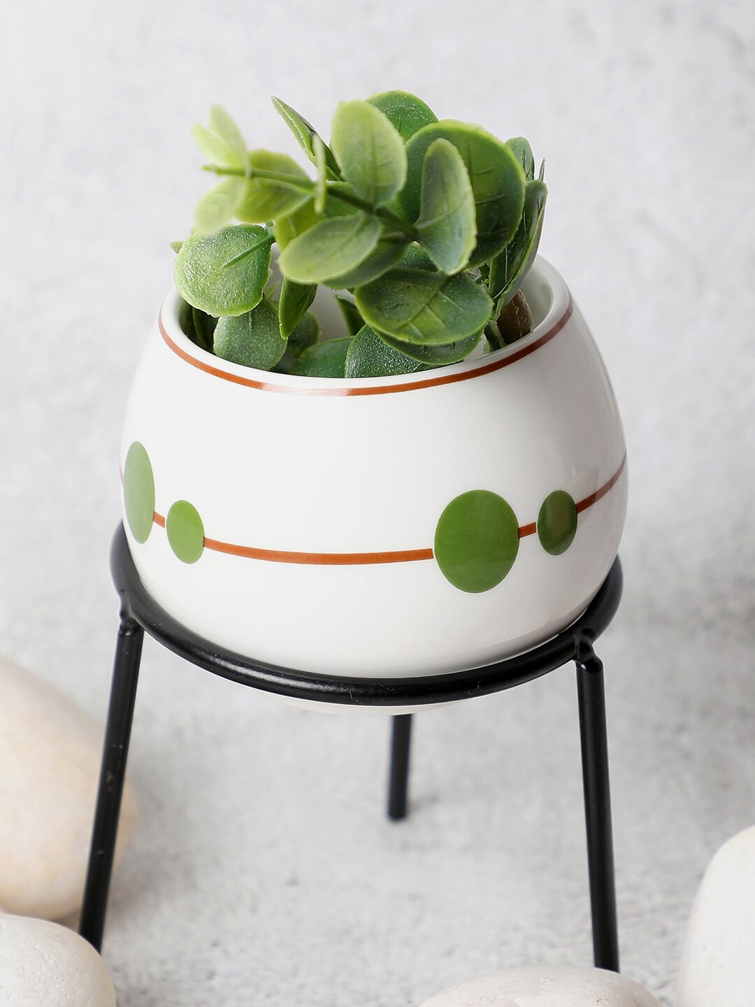 

Bonhomie White & Green Printed Ceramic Planter With Metal Stand