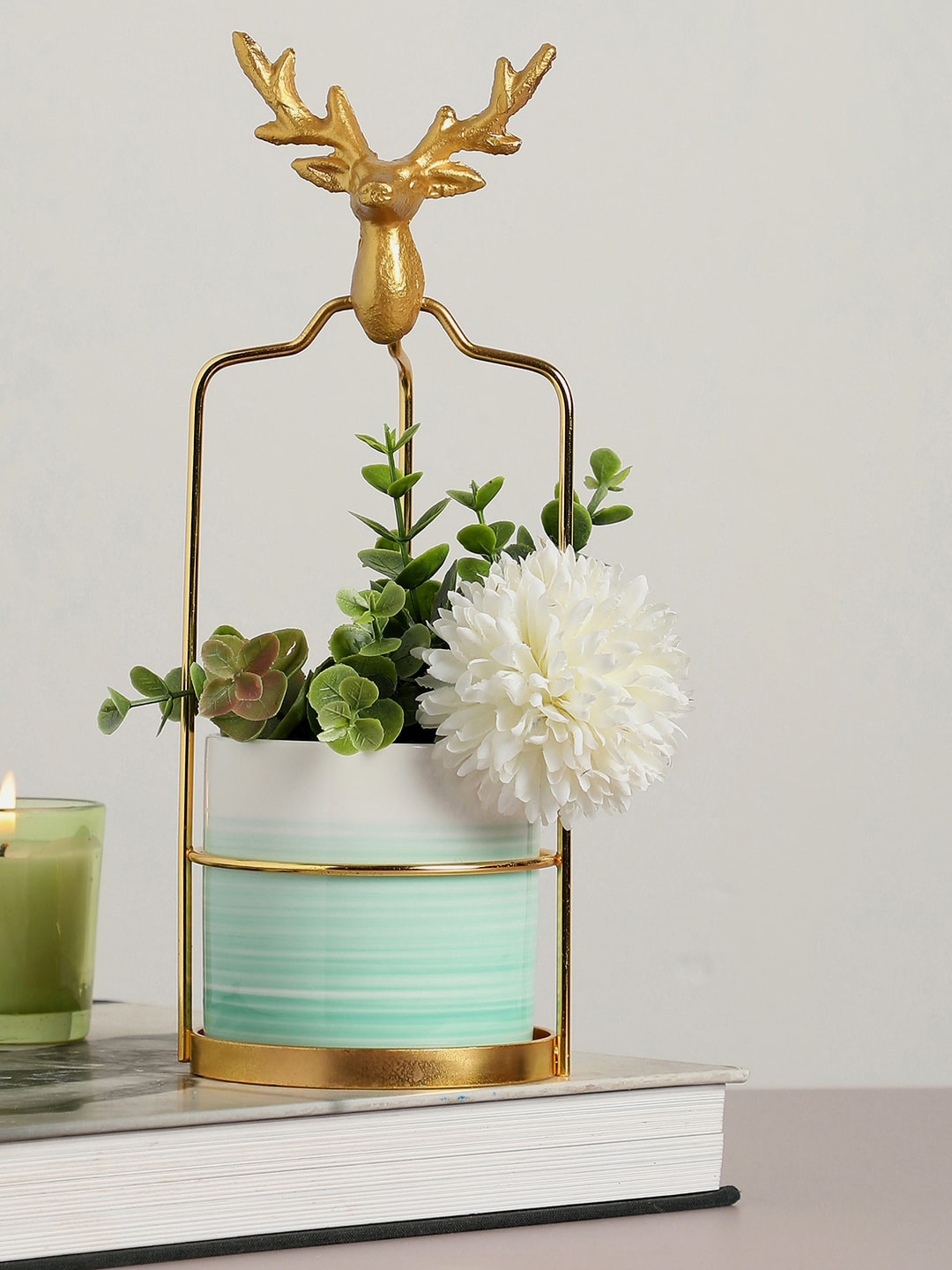 

Bonhomie White & Light Blue Ombre Ceramic Planter With Reindeer Metal Stand
