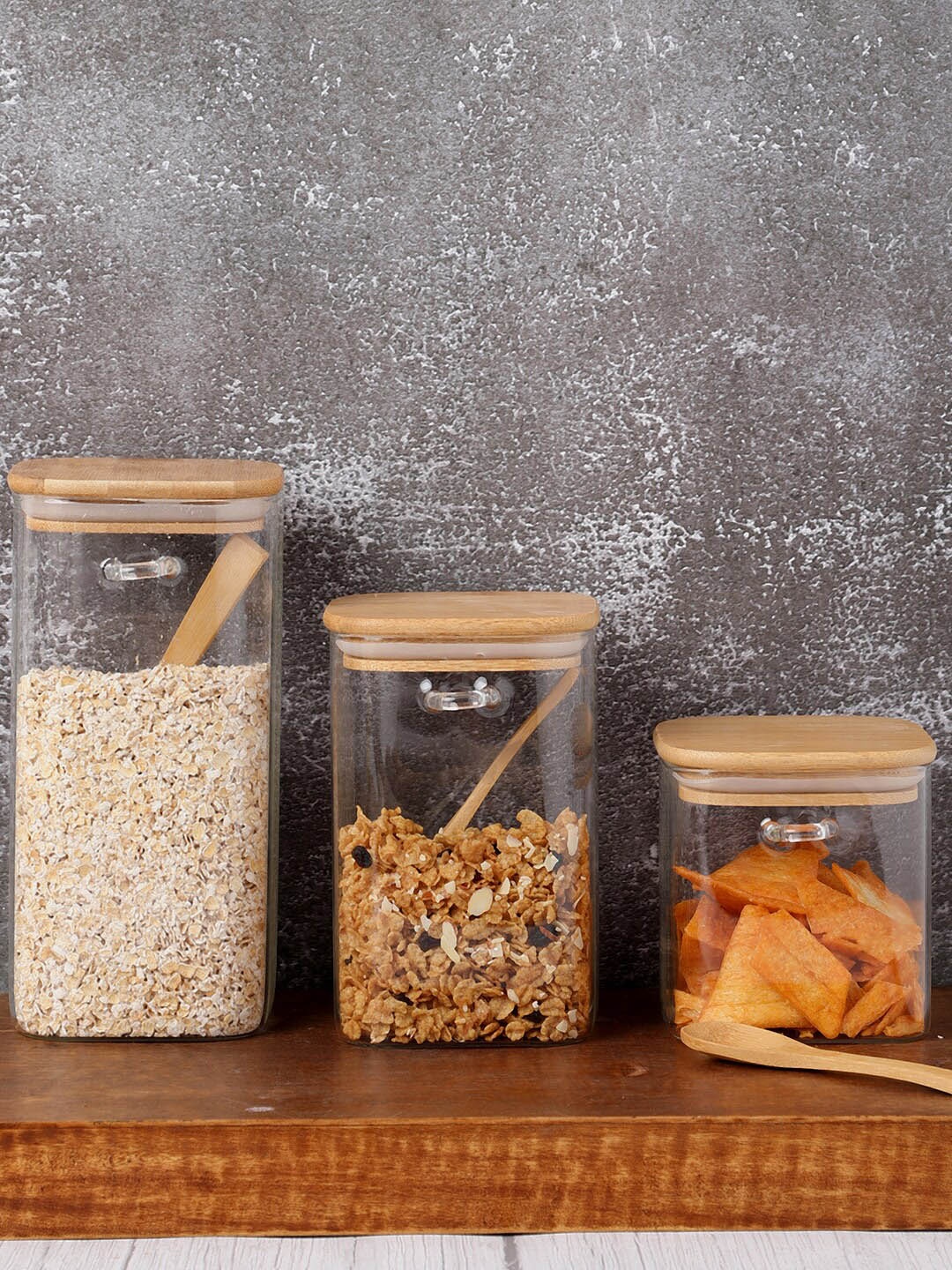 

Bonhomie Set Of 3 Transparent & Brown Airtight Food Storage Containers With Lid & Spoon