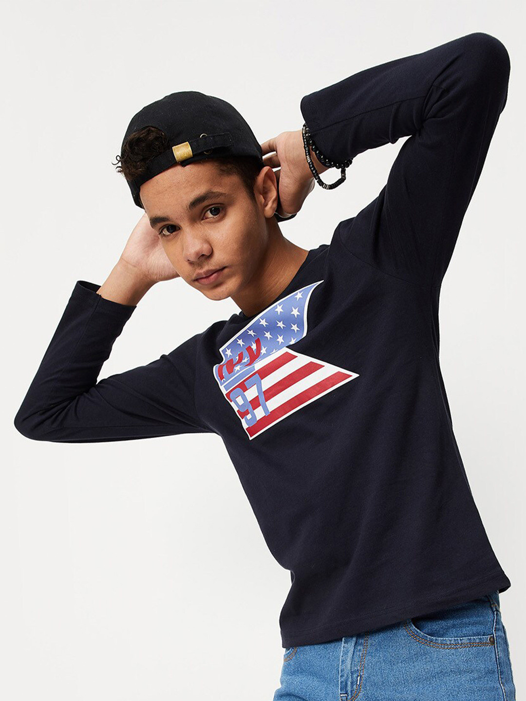 

max Boys Black Printed Cotton T-shirt
