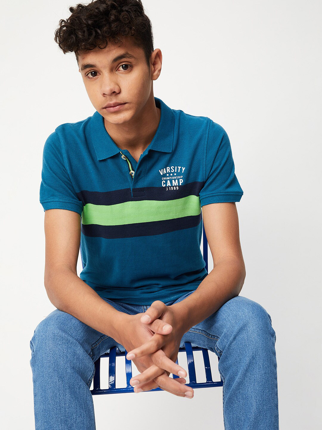 

max Boys Teal & Green Colourblocked Polo Collar Cotton T-shirt