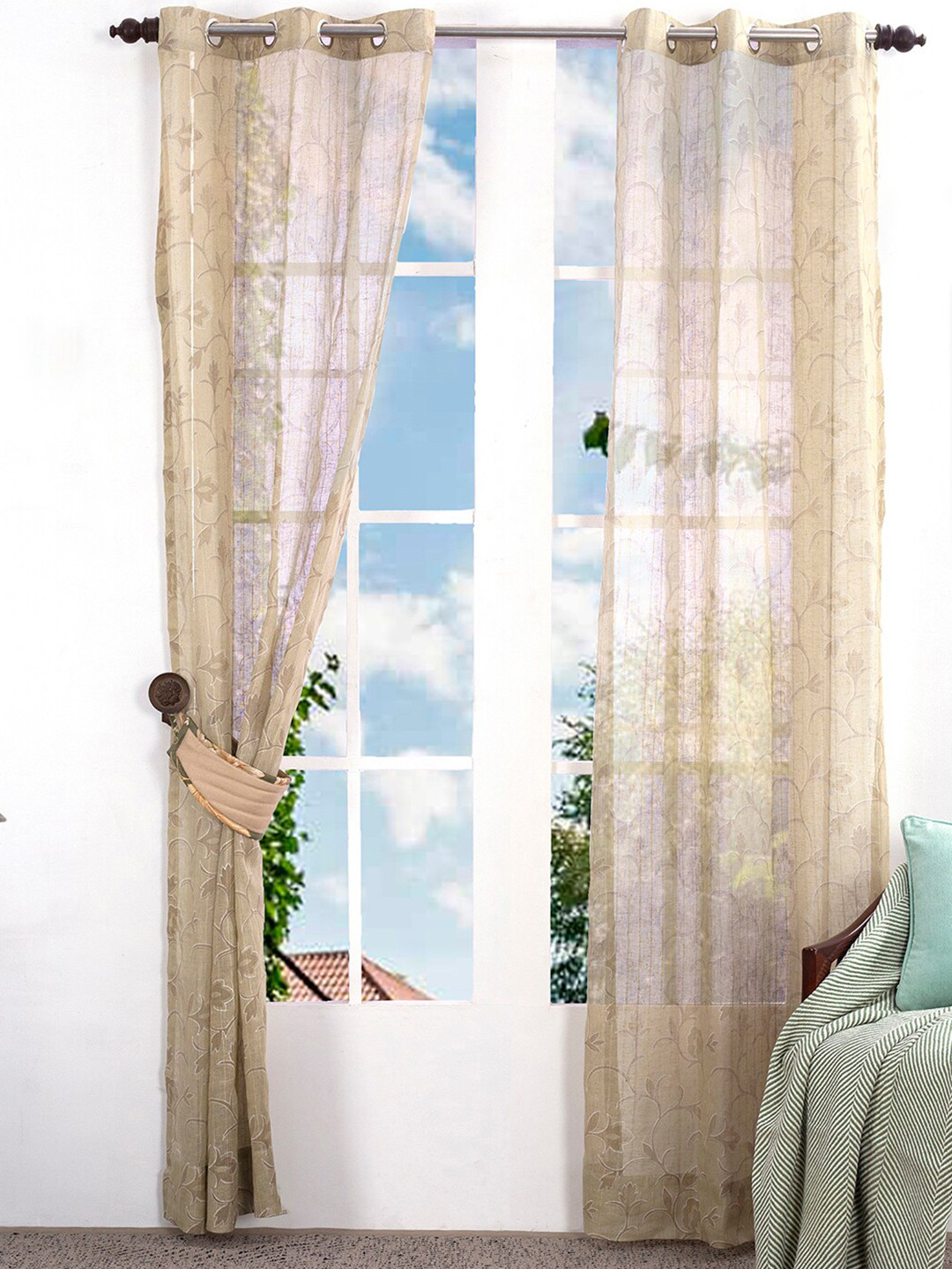 

MASPAR Beige Set of 2 Floral Linen Door Curtain