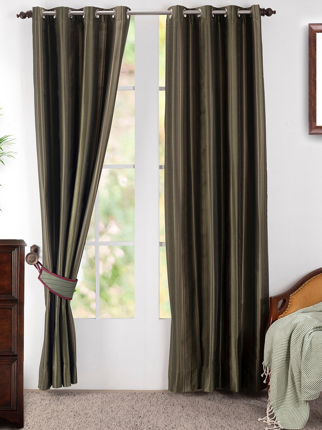 

MASPAR Olive Green Set of 2 Striped Door Curtain