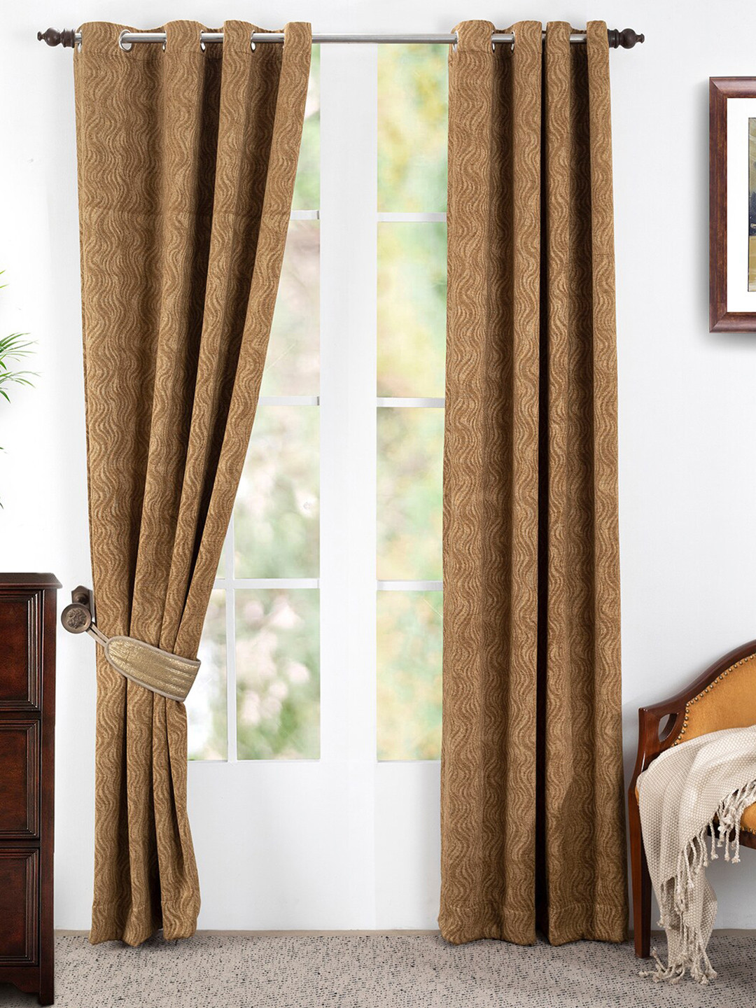 

MASPAR Camel Brown Set of 2 Striped Door Curtain