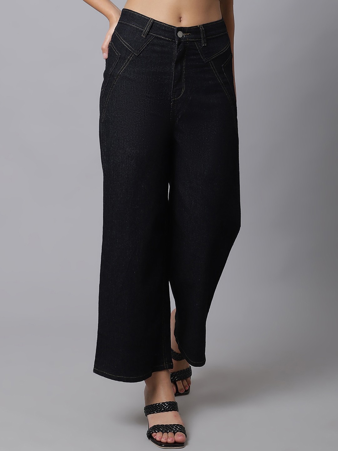 

River Of Design Jeans Women Wide Leg High-Rise Low Distress Stretchable Jeans, Black