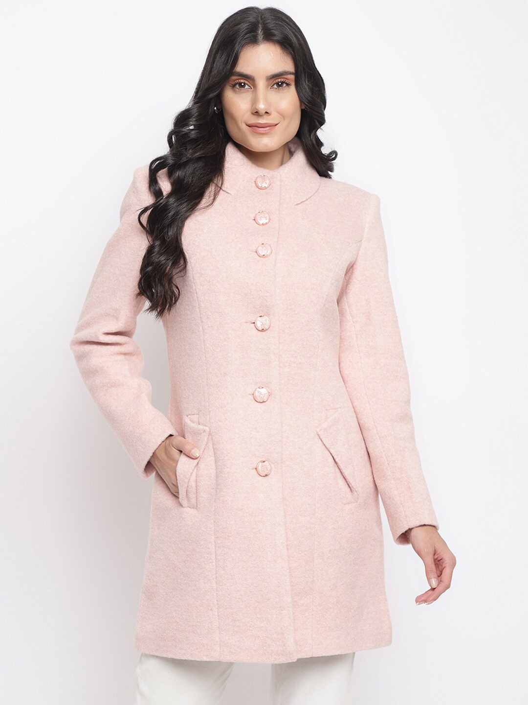 

Her Grace Women Self Design Wool Overcoat, Pink