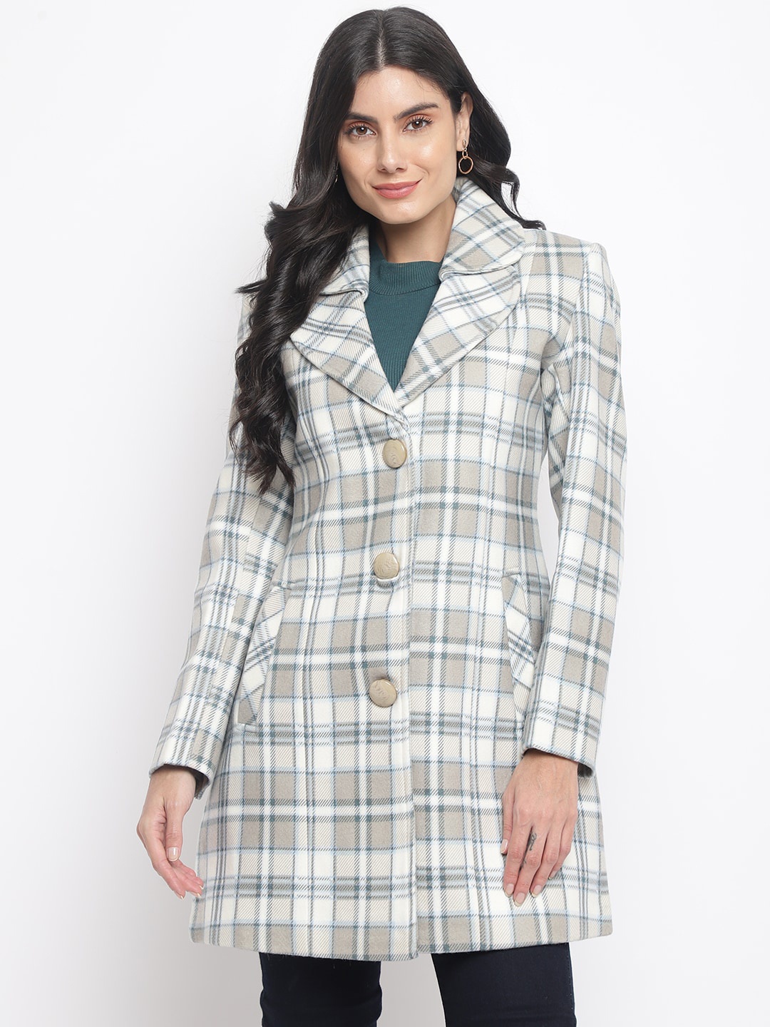 

Her Grace Women Checked Woolen Overcoat, Grey