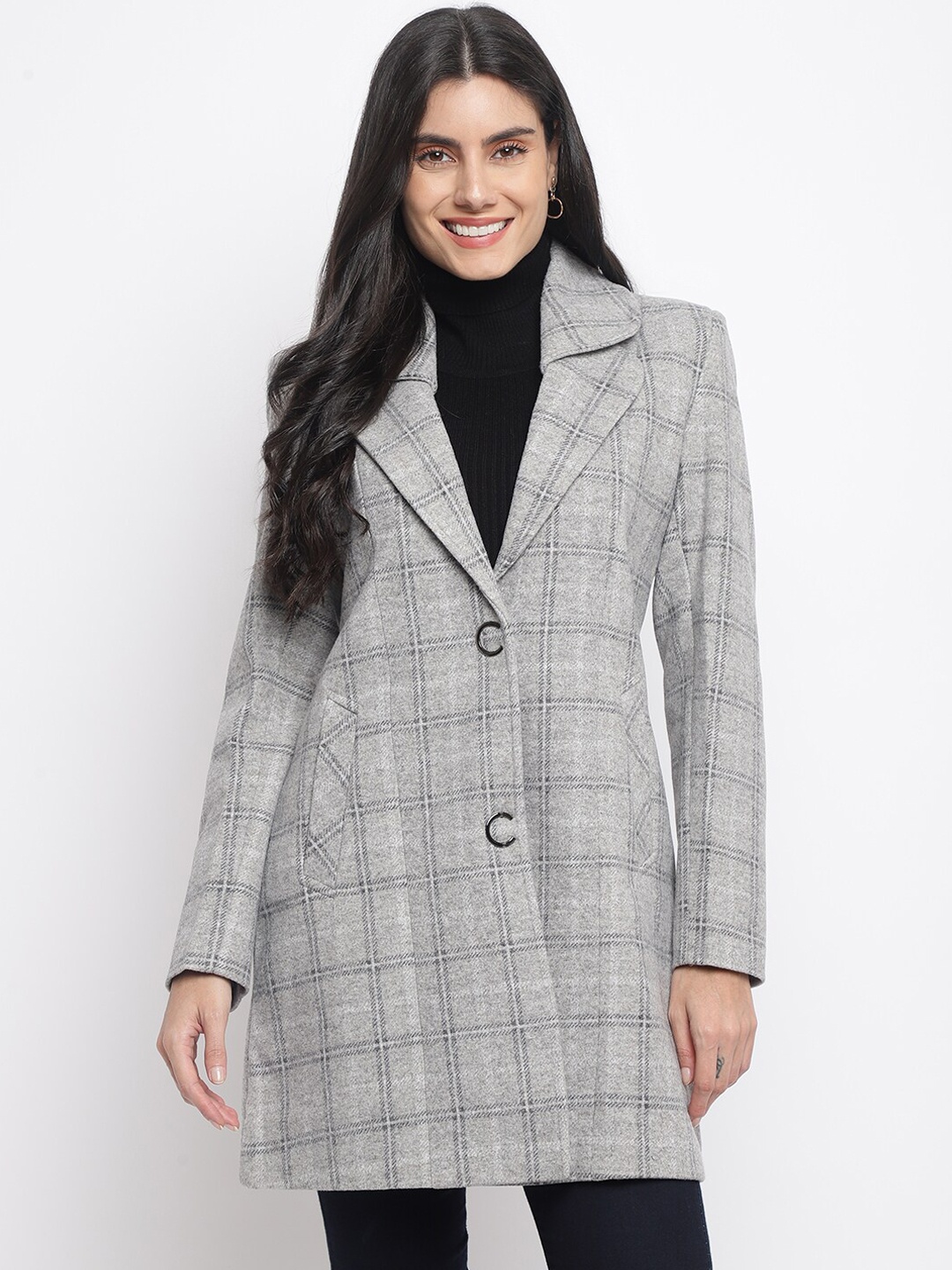 

Her Grace Women Checked Double-Breasted Overcoat, Grey
