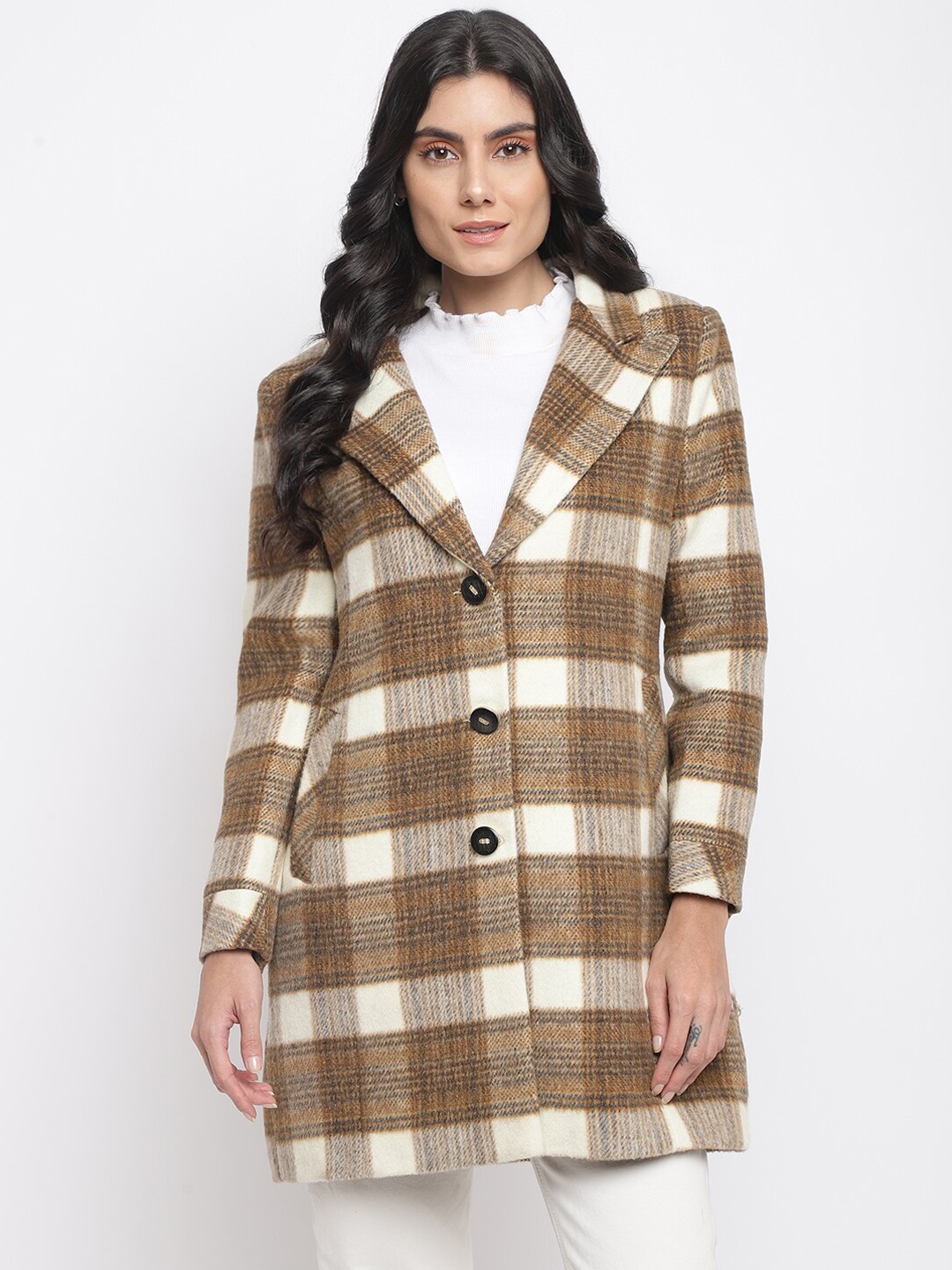 

Her Grace Women Checked Trench Coats, Brown