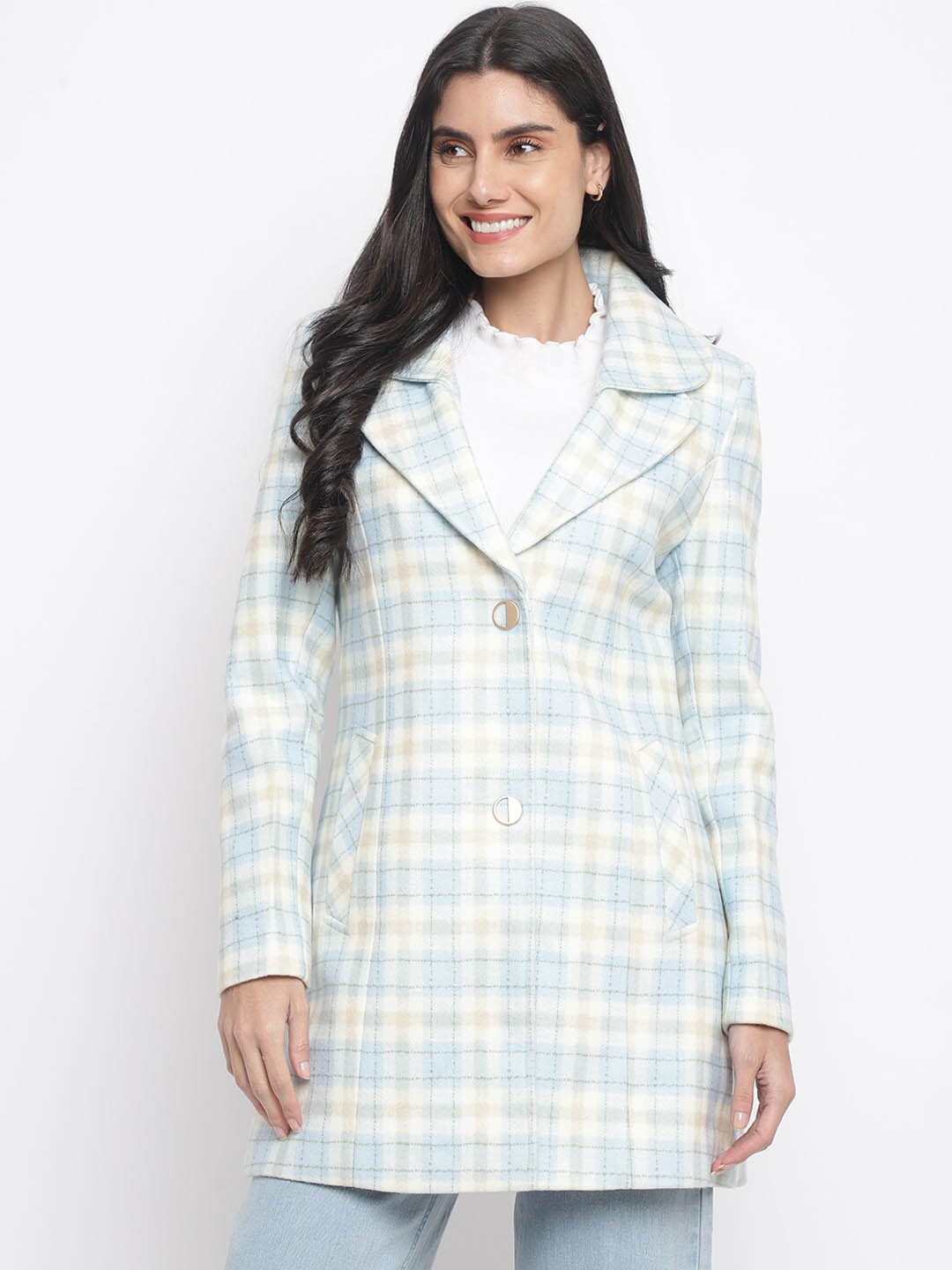 

Her Grace Women Checked Single-Breasted Woolen Overcoat, Blue