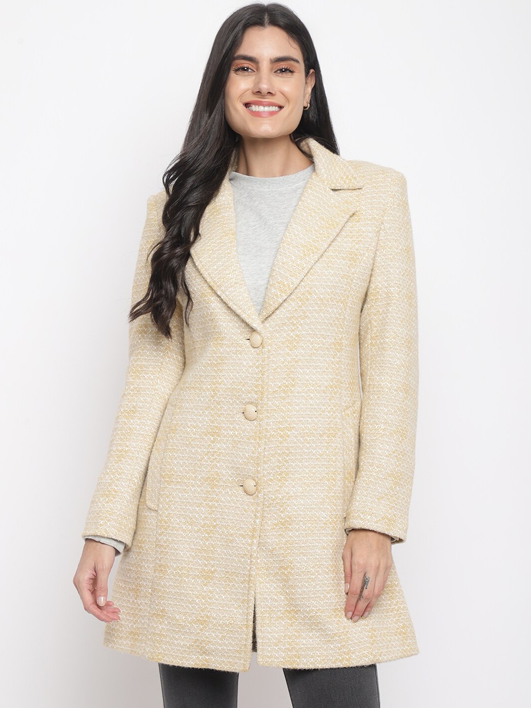 

Her Grace Women Self Design Woolen Overcoat, Yellow