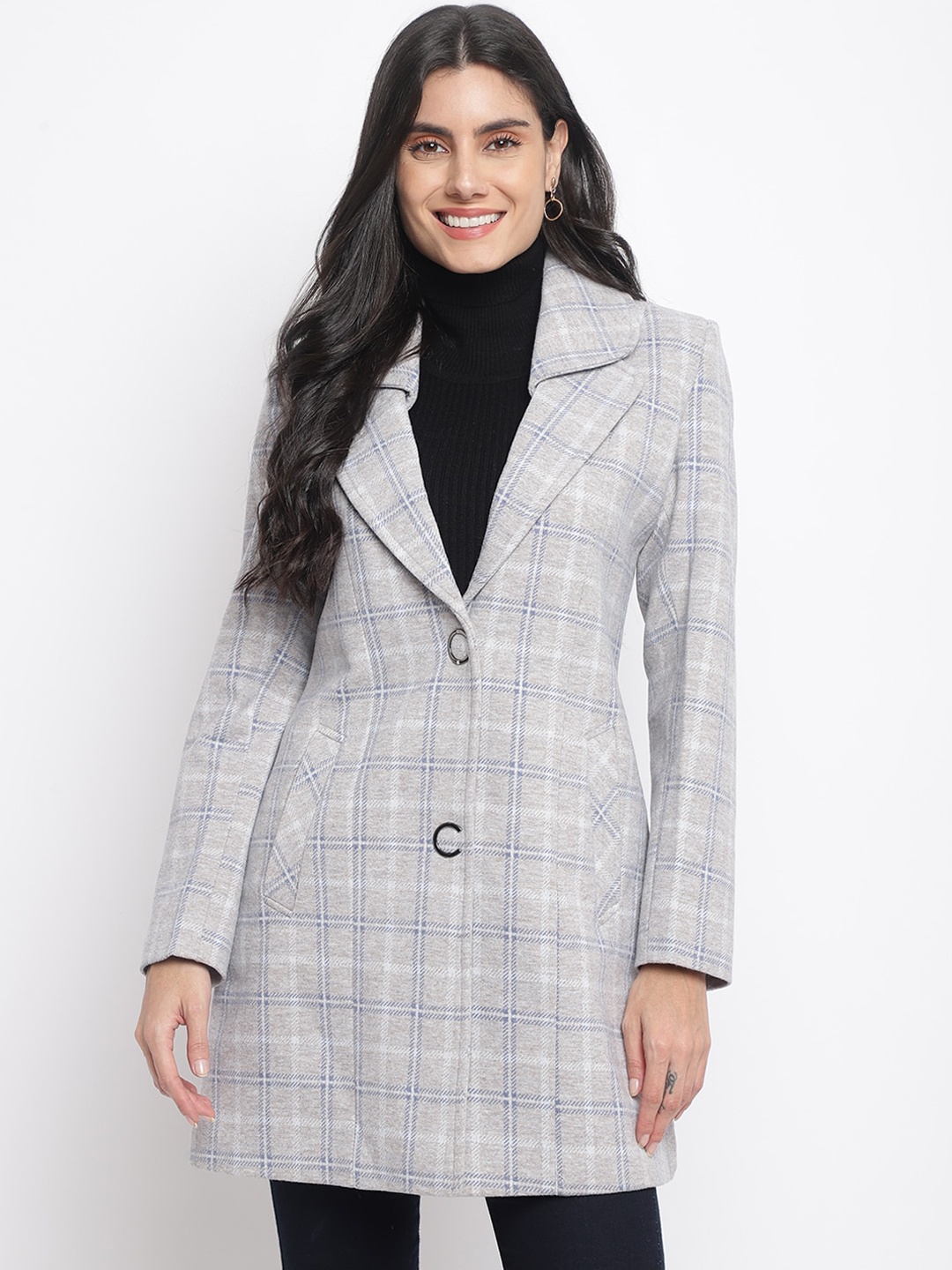 

Her Grace Women Checked Woolen Overcoat, Grey