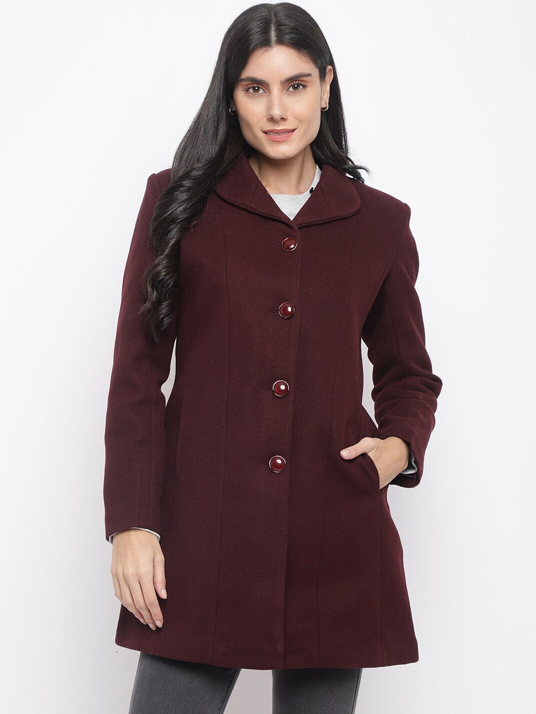 

Her Grace Women Woolen Longline Coat, Burgundy