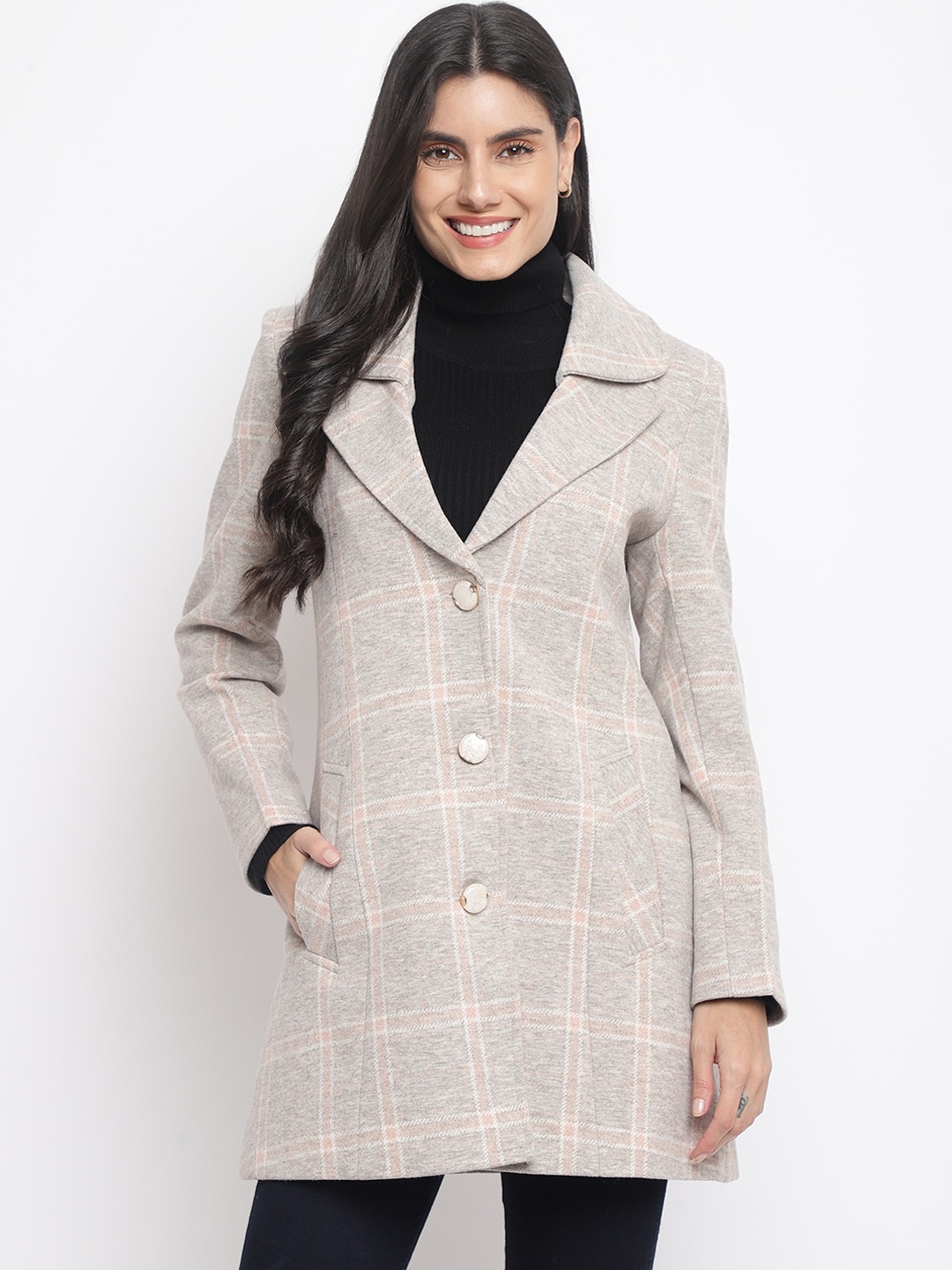 

Her Grace Women Checked Double-Breasted Overcoat, Grey