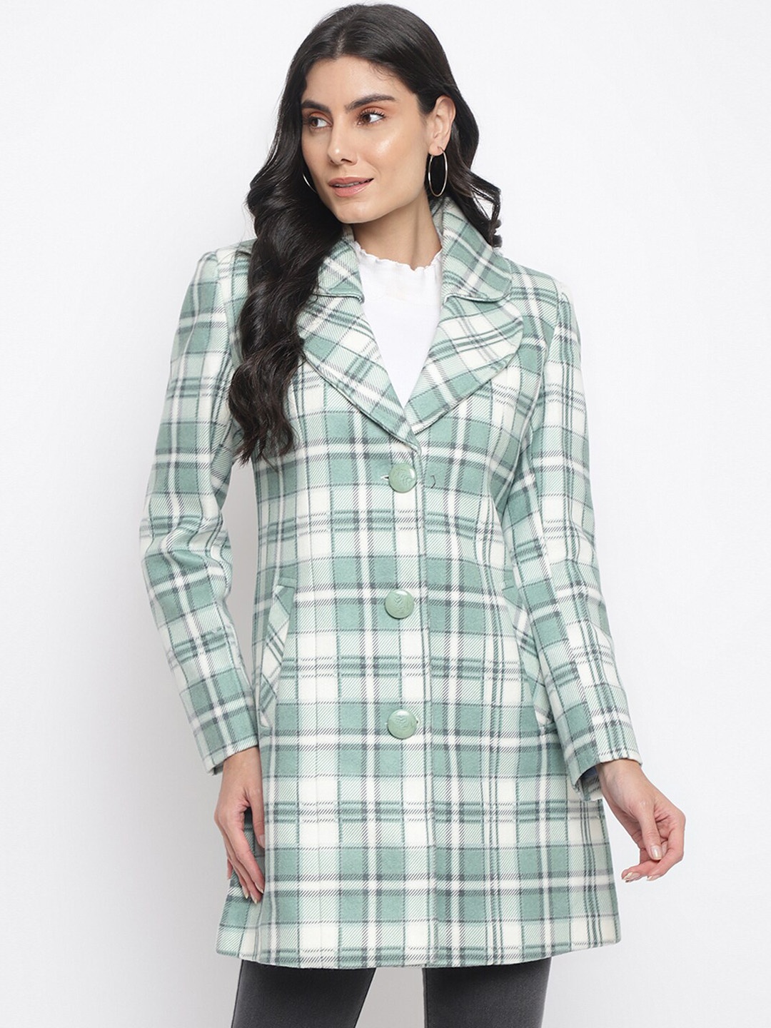 

Her Grace Women Checked Single-Breasted Woolen Overcoat, Green