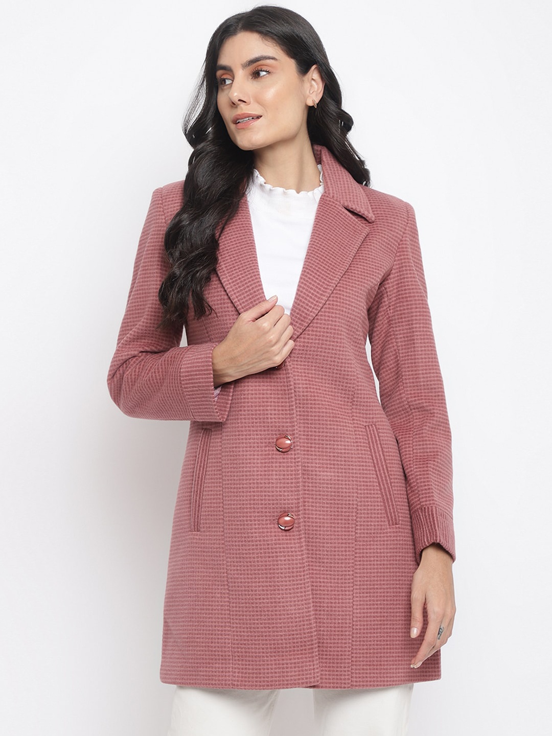 

Her Grace Women Self-Designed Single-Breasted Woolen Overcoat, Pink