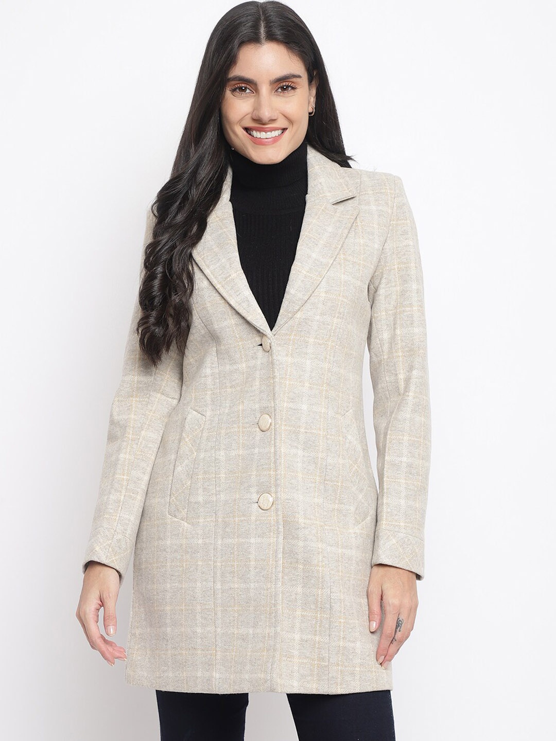 

Her Grace Women Checked Overcoat, Grey